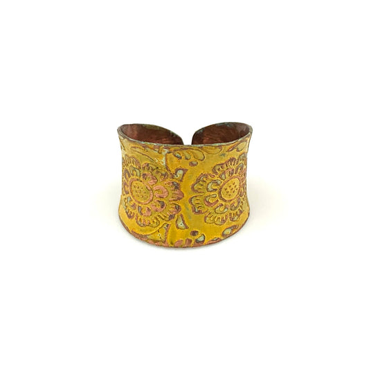 Copper Patina Ring - Yellow Decorative Flower