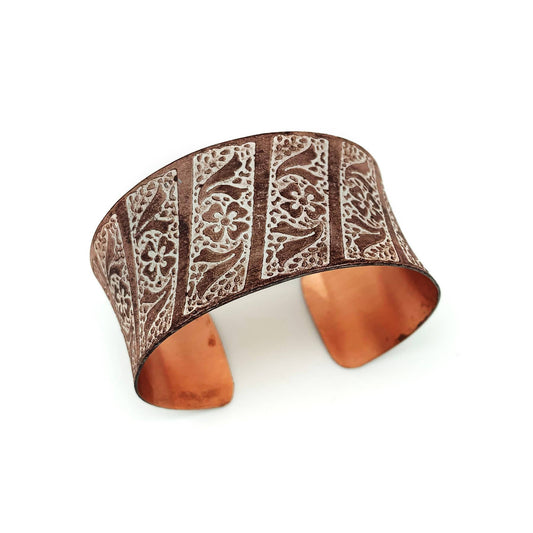 Copper Patina Bracelet - Cream Floral and Leaves